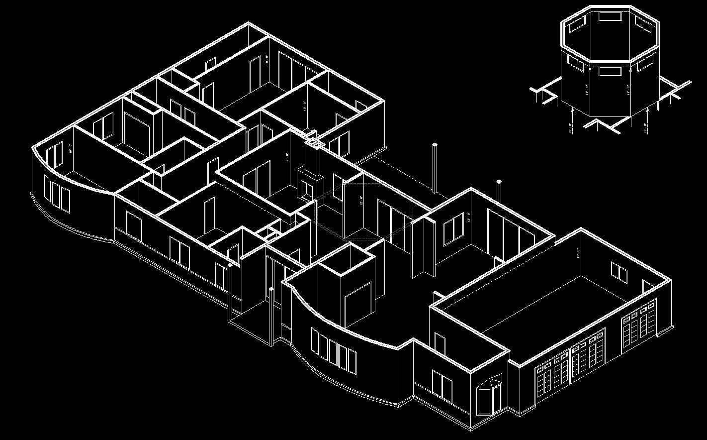 Isometric line drawing of a house floor plan with varied rooms, windows, and an attached octagonal structure.