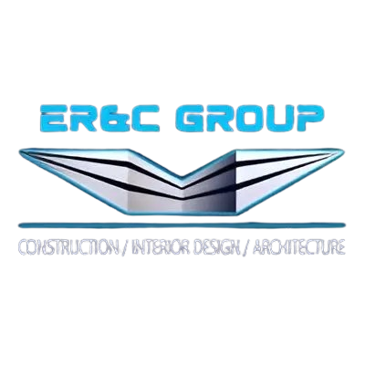 Logo for ER&C Group, a construction, interior design, and architecture company. Features a stylized V shape with blue text.