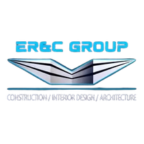 Logo for ER&C Group, a construction, interior design, and architecture company. Features a stylized V shape with blue text.