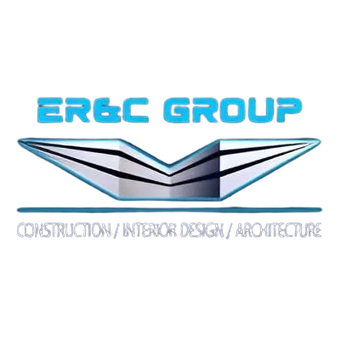 Logo for ER&C Group, a construction, interior design, and architecture company. Features a stylized V shape with blue text.