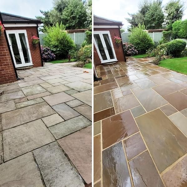 A before and after picture of a patio with a brick building in the background. Driveway and patio cleaning