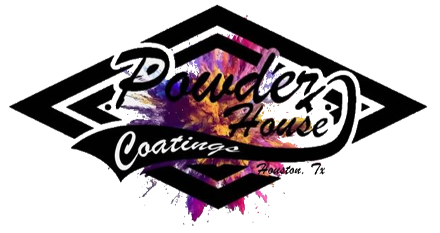 Logo for Powder House Coatings, features text over a colorful splatter design within a black diamond frame.