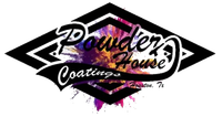 Logo for Powder House Coatings, features text over a colorful splatter design within a black diamond frame.