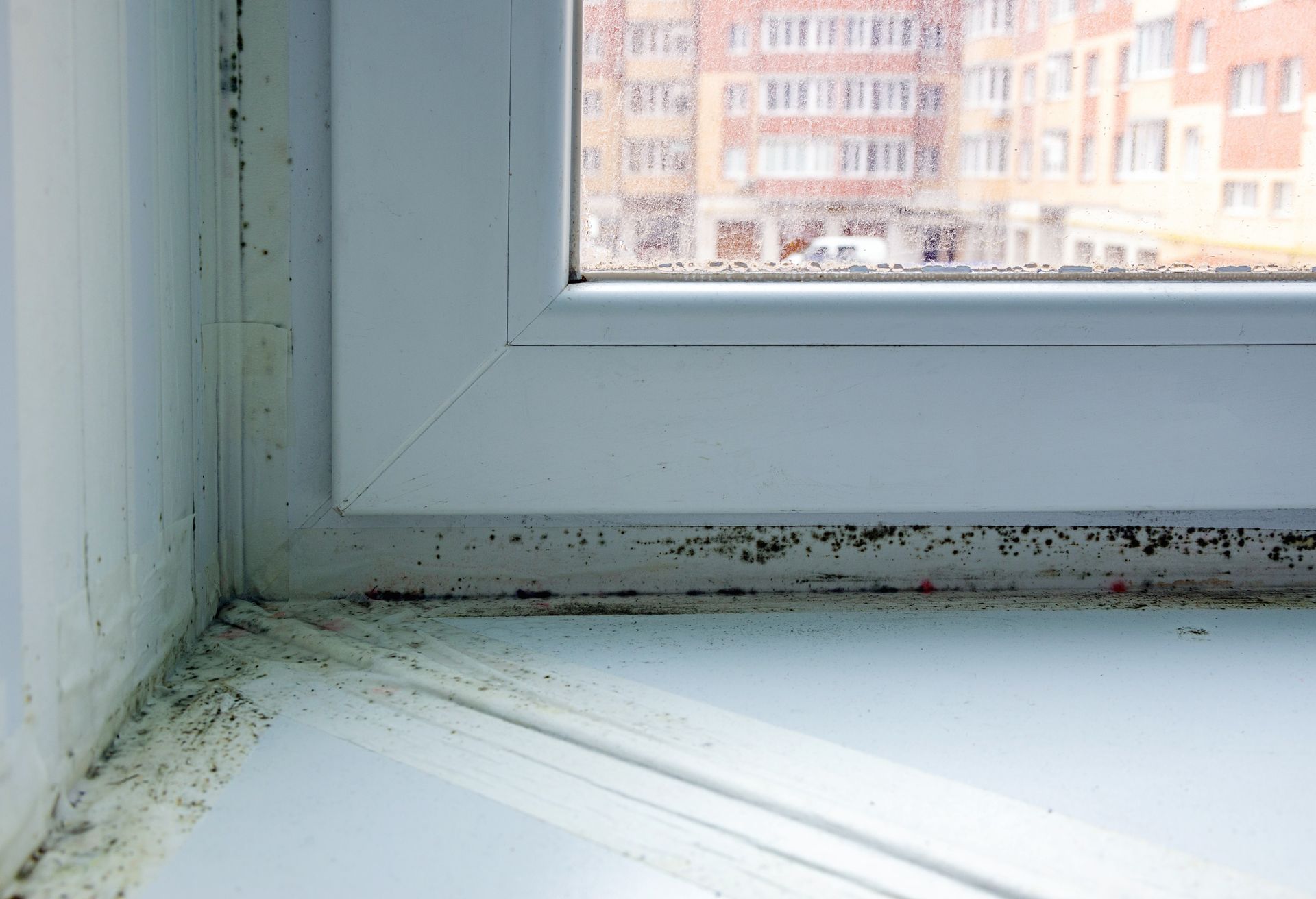 Black mold spots along the sealant and frame of a white plastic window, indicating moisture and condensation issues.