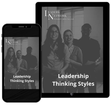 A phone and a tablet with leadership thinking styles written on them