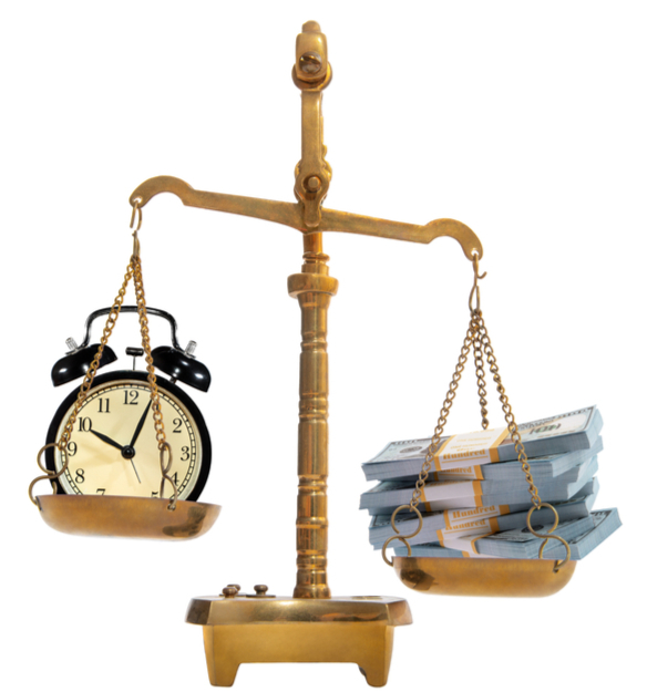 A clock and a stack of money are on a scale