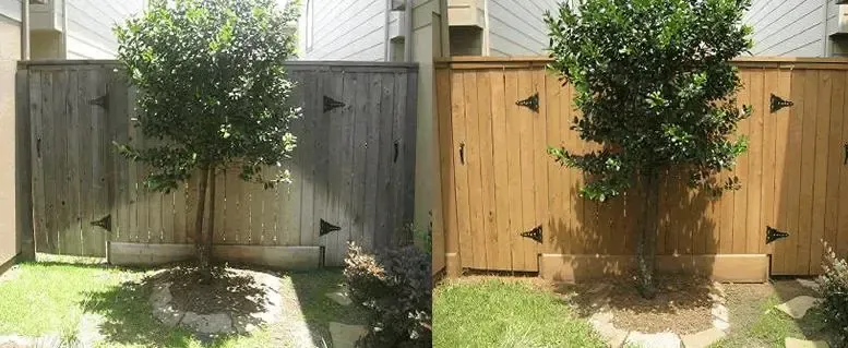 A before and after picture of a wooden fence with a tree in front of it.