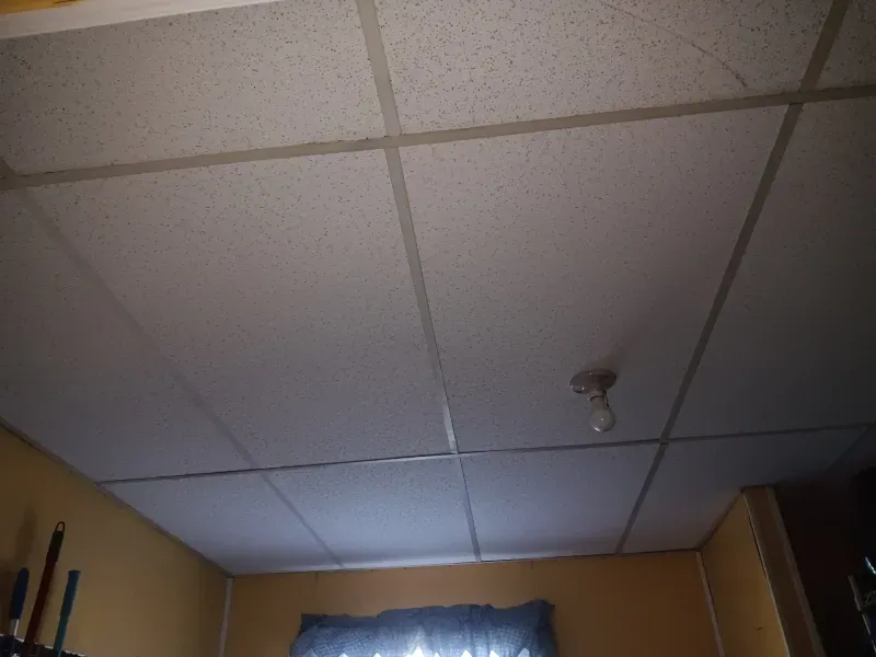 White tiled ceiling with a light fixture in a room.