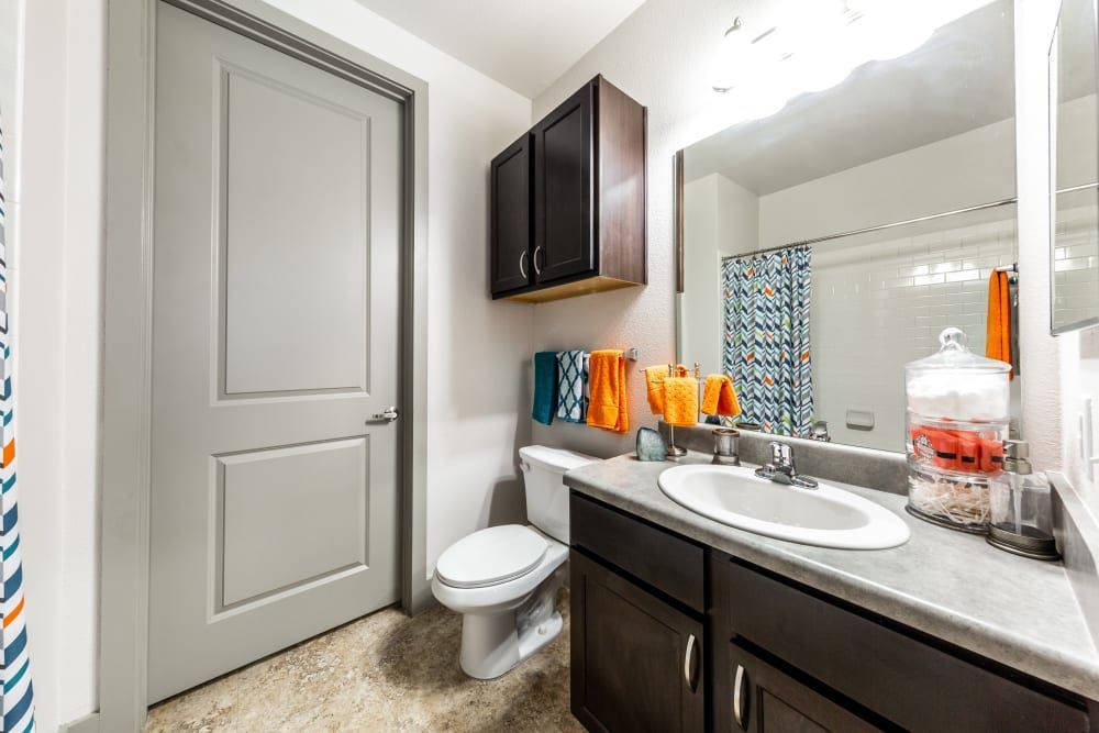 Student apartment bathroom with a toilet, sink, and mirror at Regents West at 24th in Austin, TX, near West Campus.