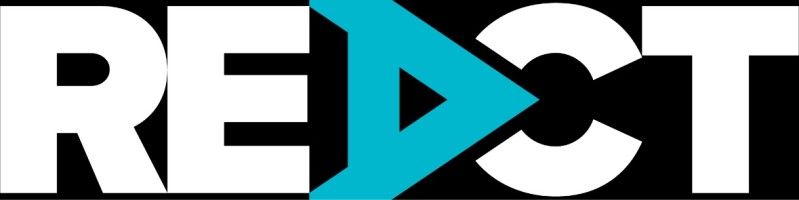 The word react is written in white letters with a blue arrow.