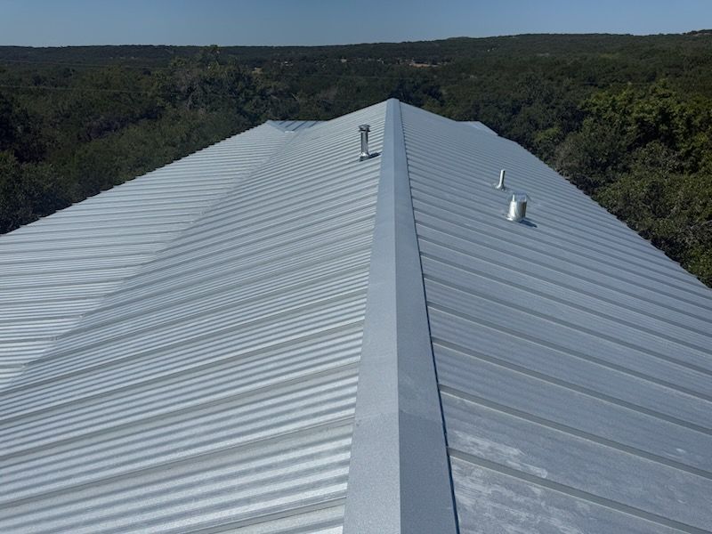 Silver metal roof on a building, with vent pipes. Forest in the background, blue sky.