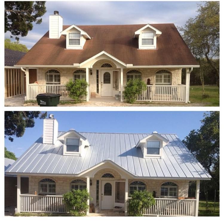 Two-panel comparison of a house: top with brown roof, bottom with silver roof. House has white trim and light stone siding.