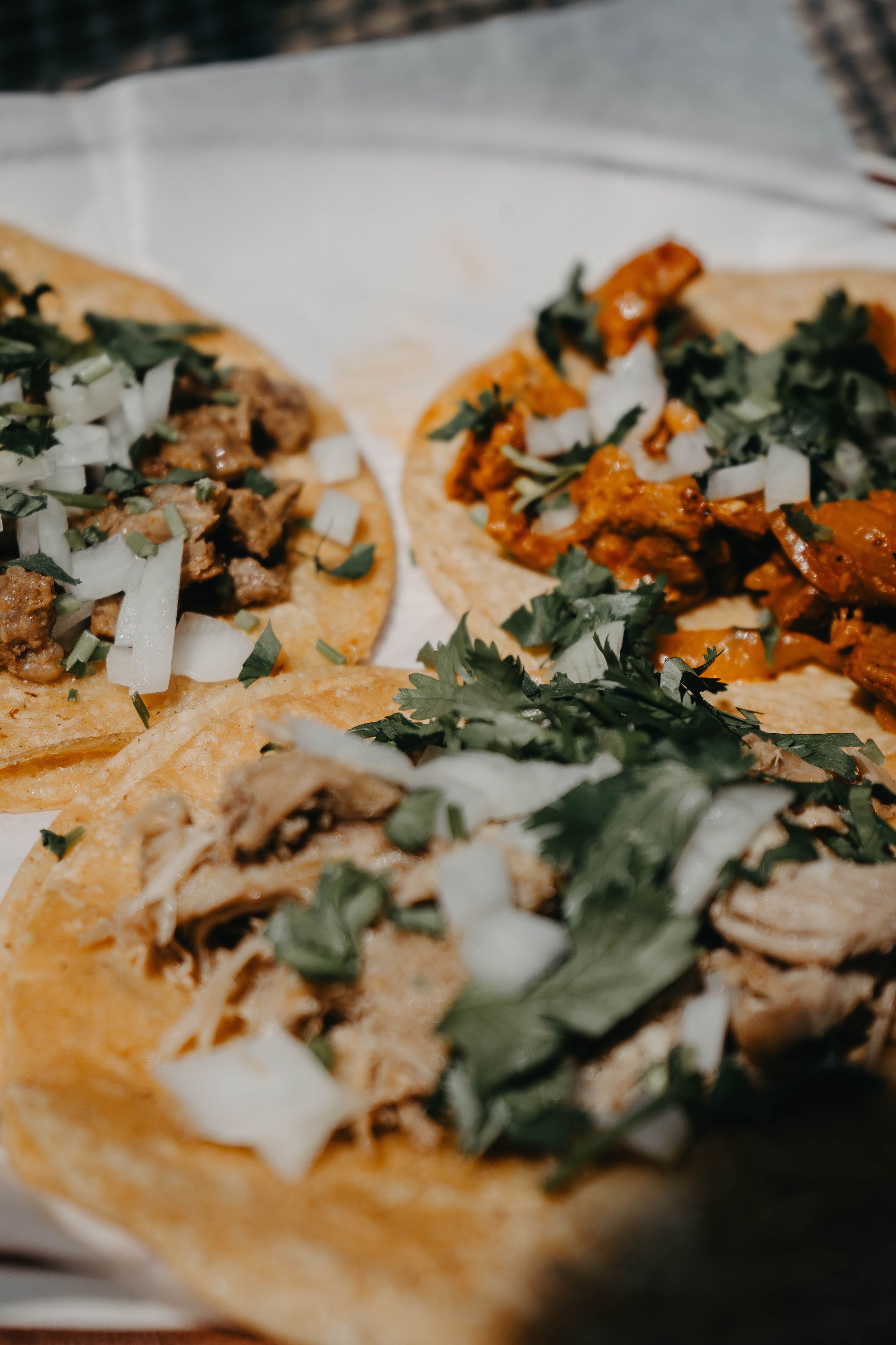 A close up of three tacos on a white plate.