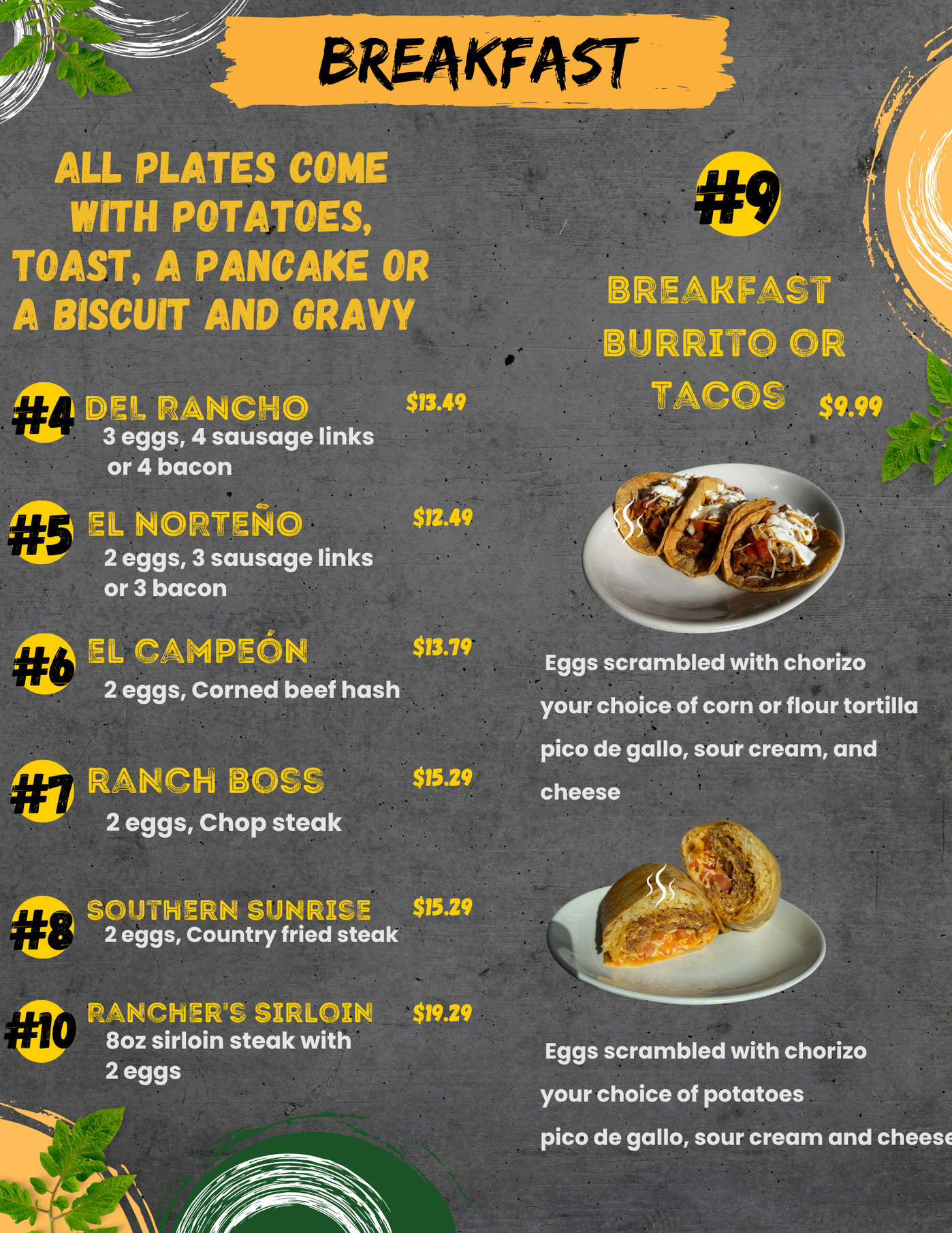 A menu for a restaurant that says breakfast all plates come with potatoes toast a pancake or a biscuit and gravy