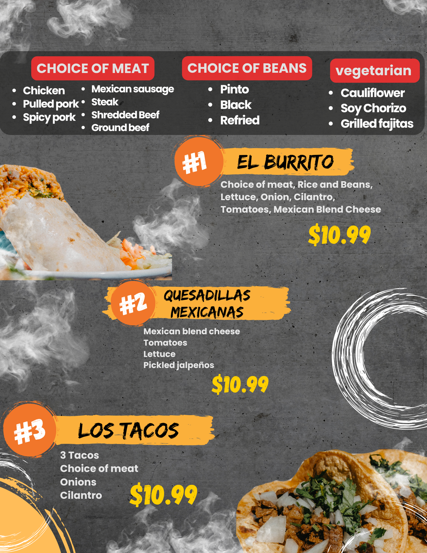 A menu for a restaurant with choices of meat and beans