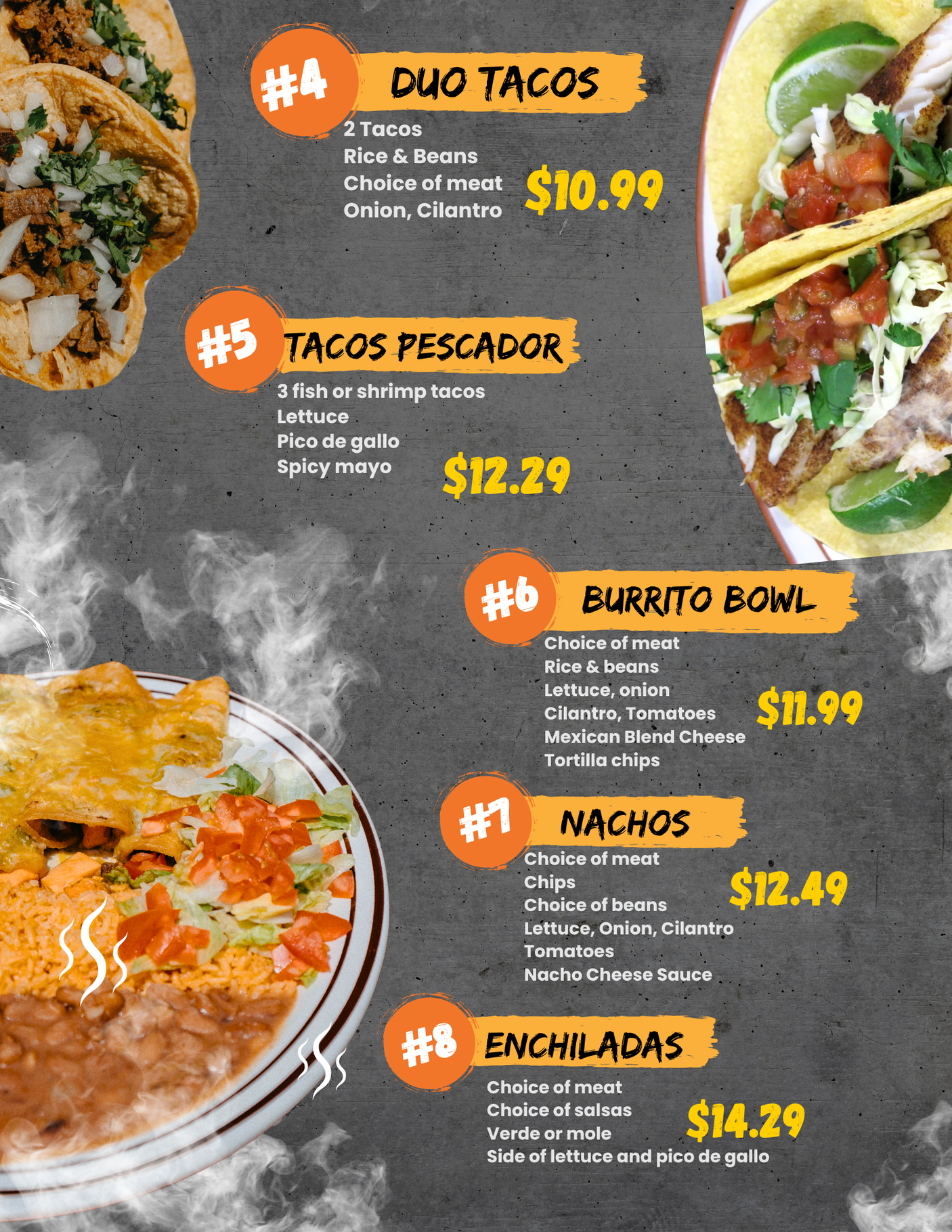 A menu for a restaurant that includes tacos and burrito bowls