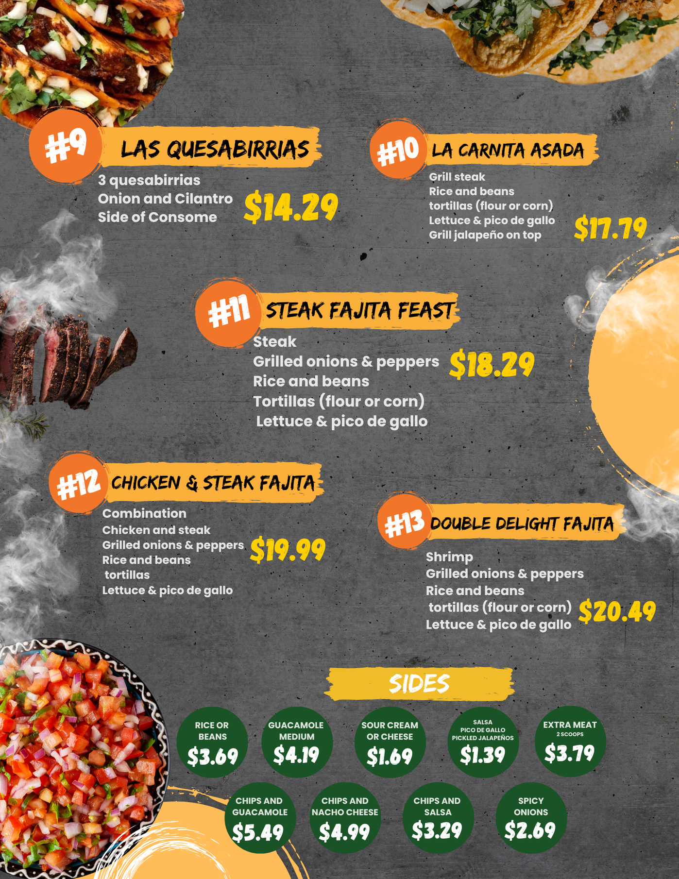 A menu for a restaurant shows a steak fajita feast for $ 18.29