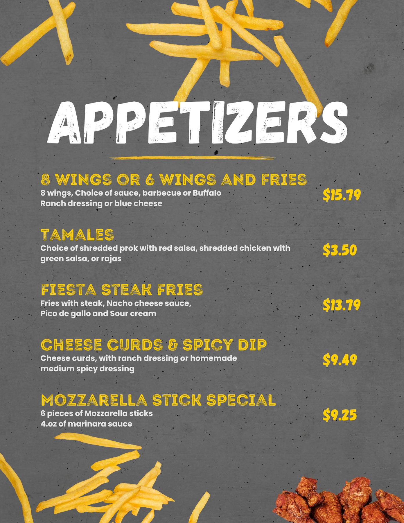 A menu for a restaurant with appetizers including wings and fries