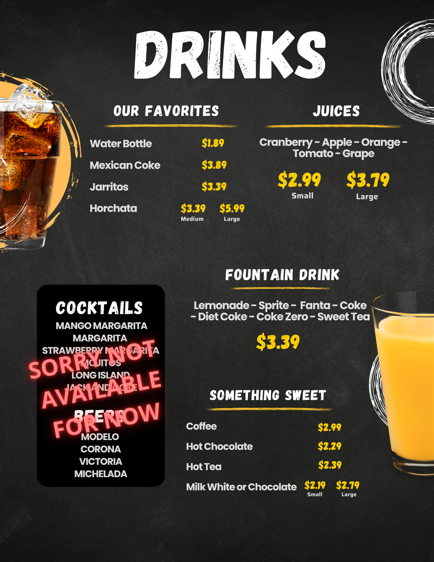 A menu for a restaurant with drinks and juices