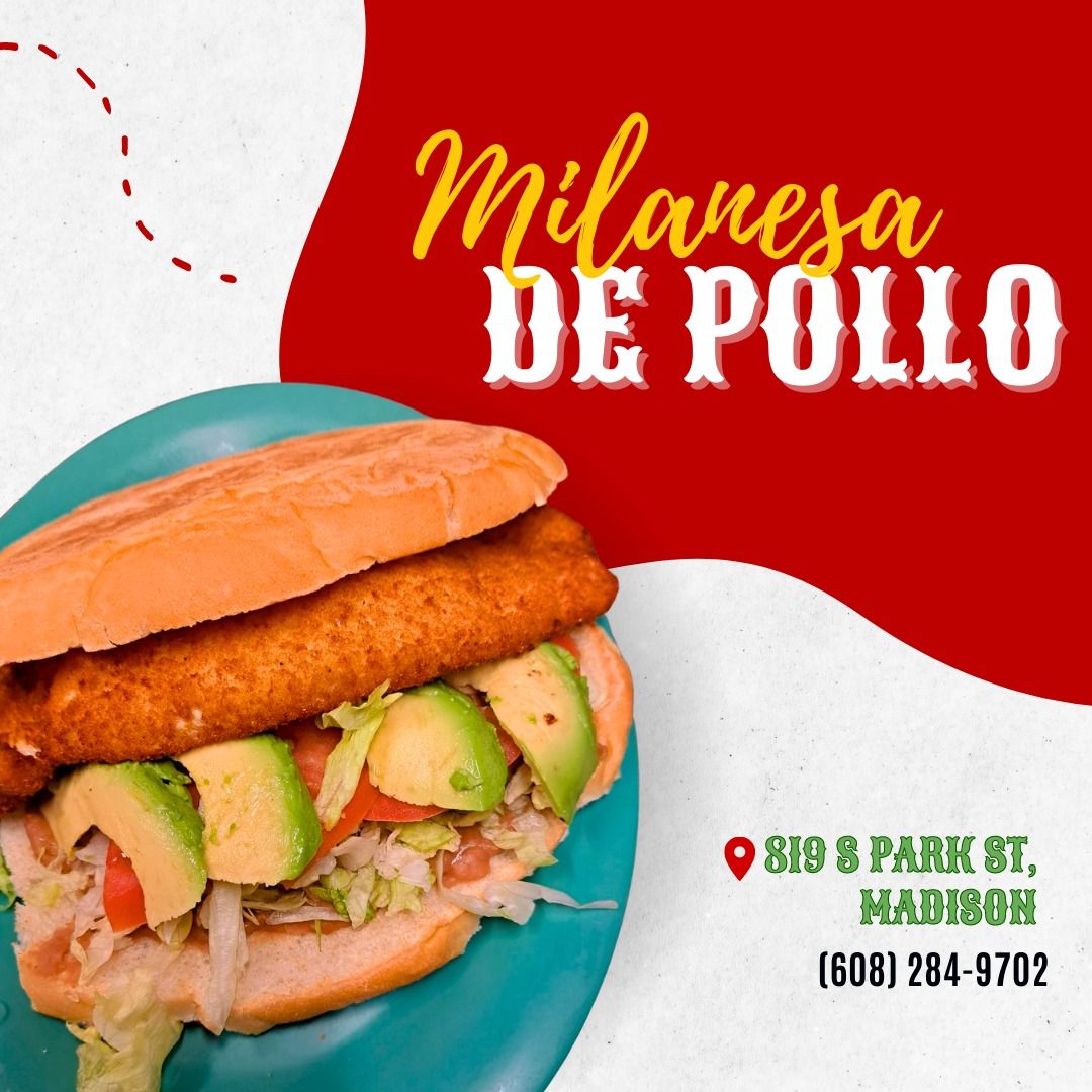 Milanesa de pollo sandwich with avocado on a teal plate; red background, address, phone number.