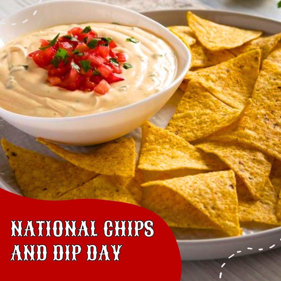 Tortilla chips and creamy queso dip topped with diced tomatoes & cilantro; text reads