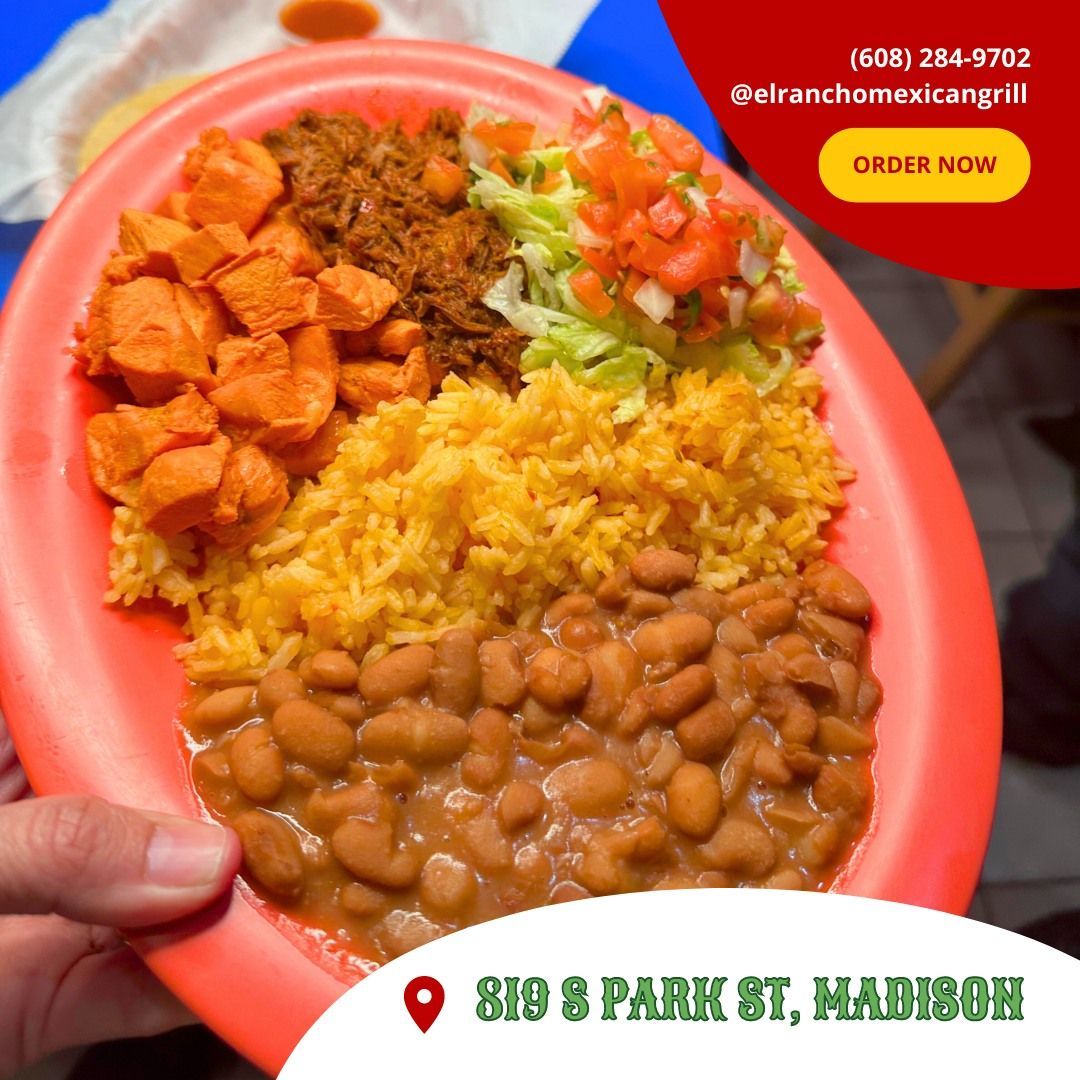 Plate of Mexican food: beans, rice, meat, sweet potatoes, and chopped vegetables. Restaurant advertisement.