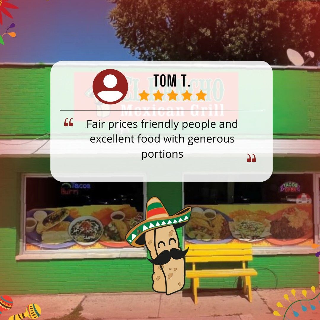 A cartoon burrito with a mustache and sombrero stands in front of a Mexican restaurant with a customer review.