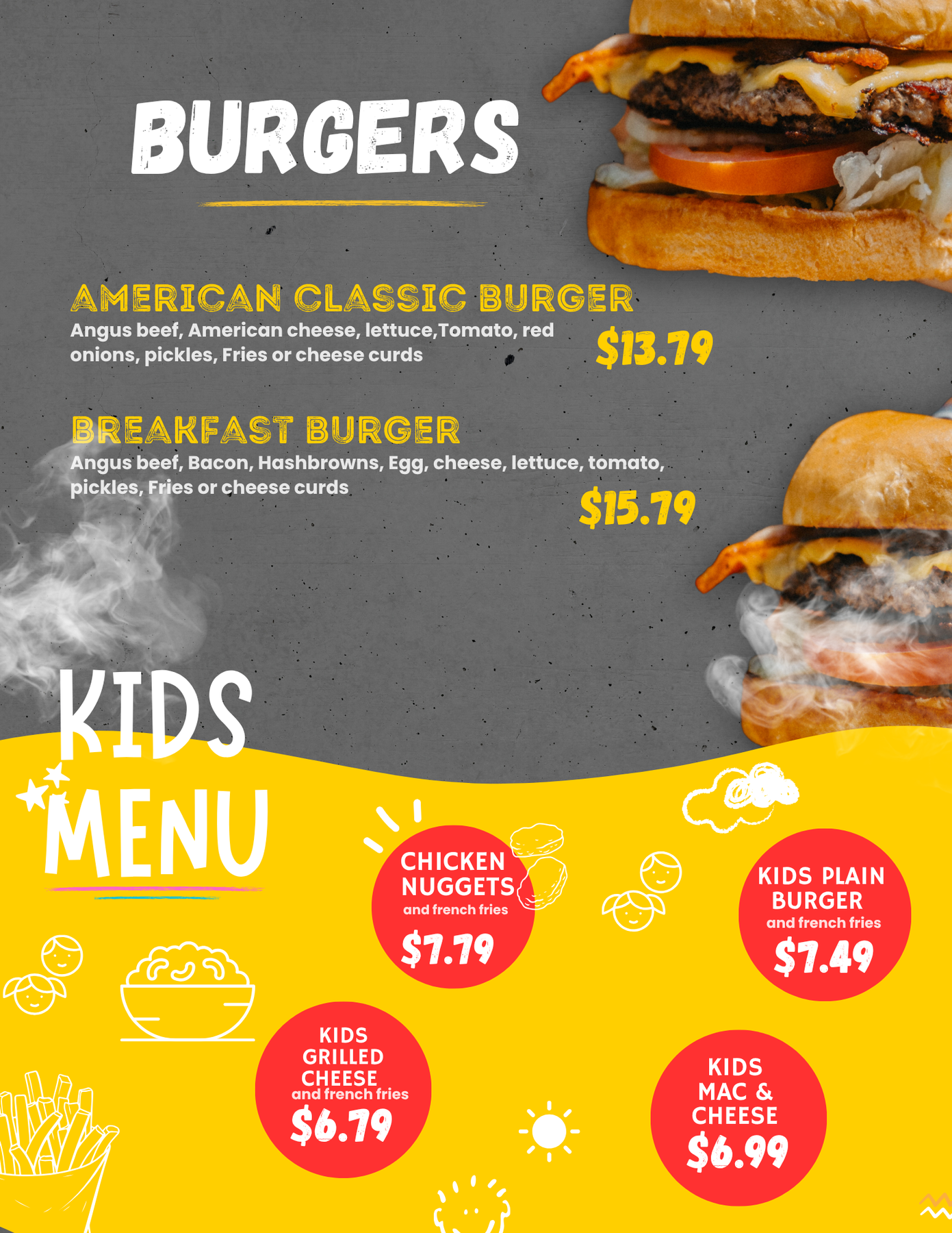 A menu for a restaurant called burgers and kids menu.