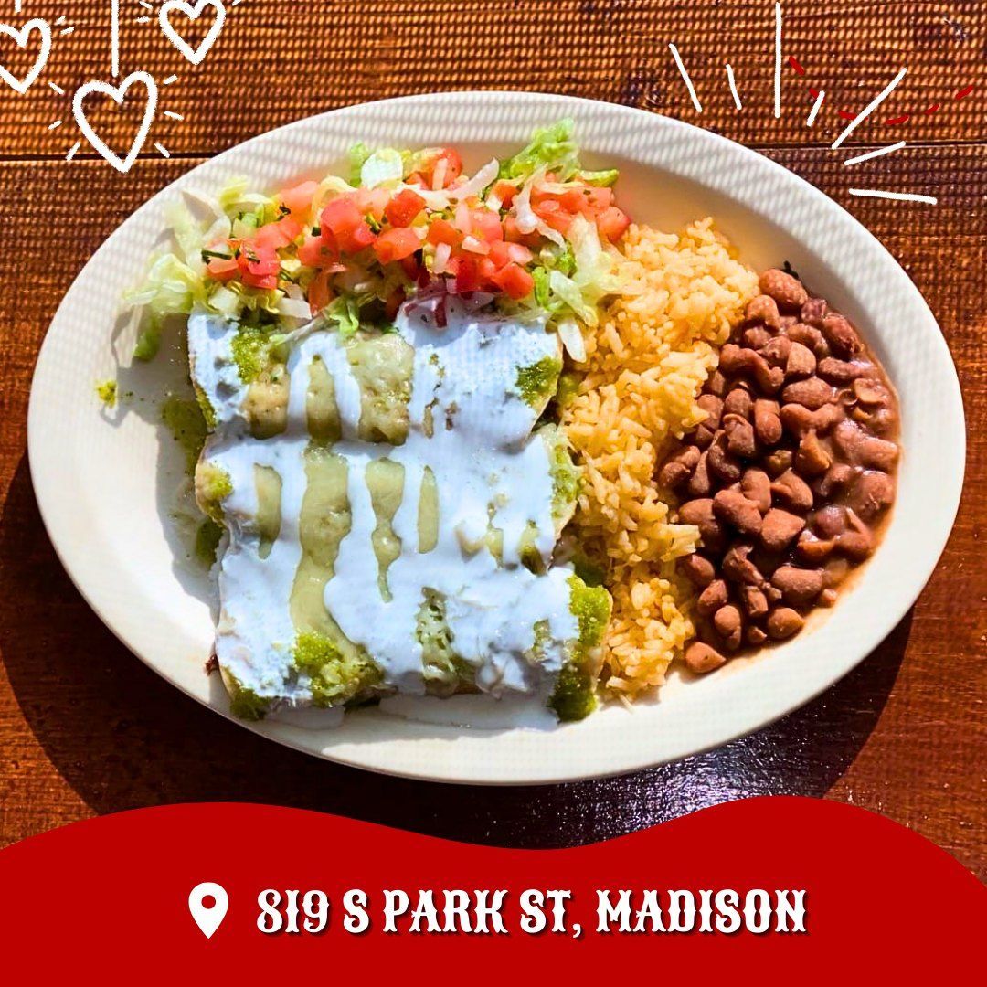 Enchiladas with rice and beans on a plate; address reads