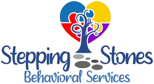 A logo for stepping stones behavioral services with a heart and a tree.