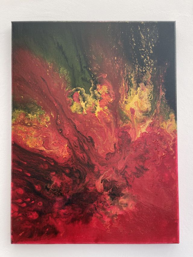 fire and rain red yellow and orange abstract artwork on stretched canvas 20cm × 30cm