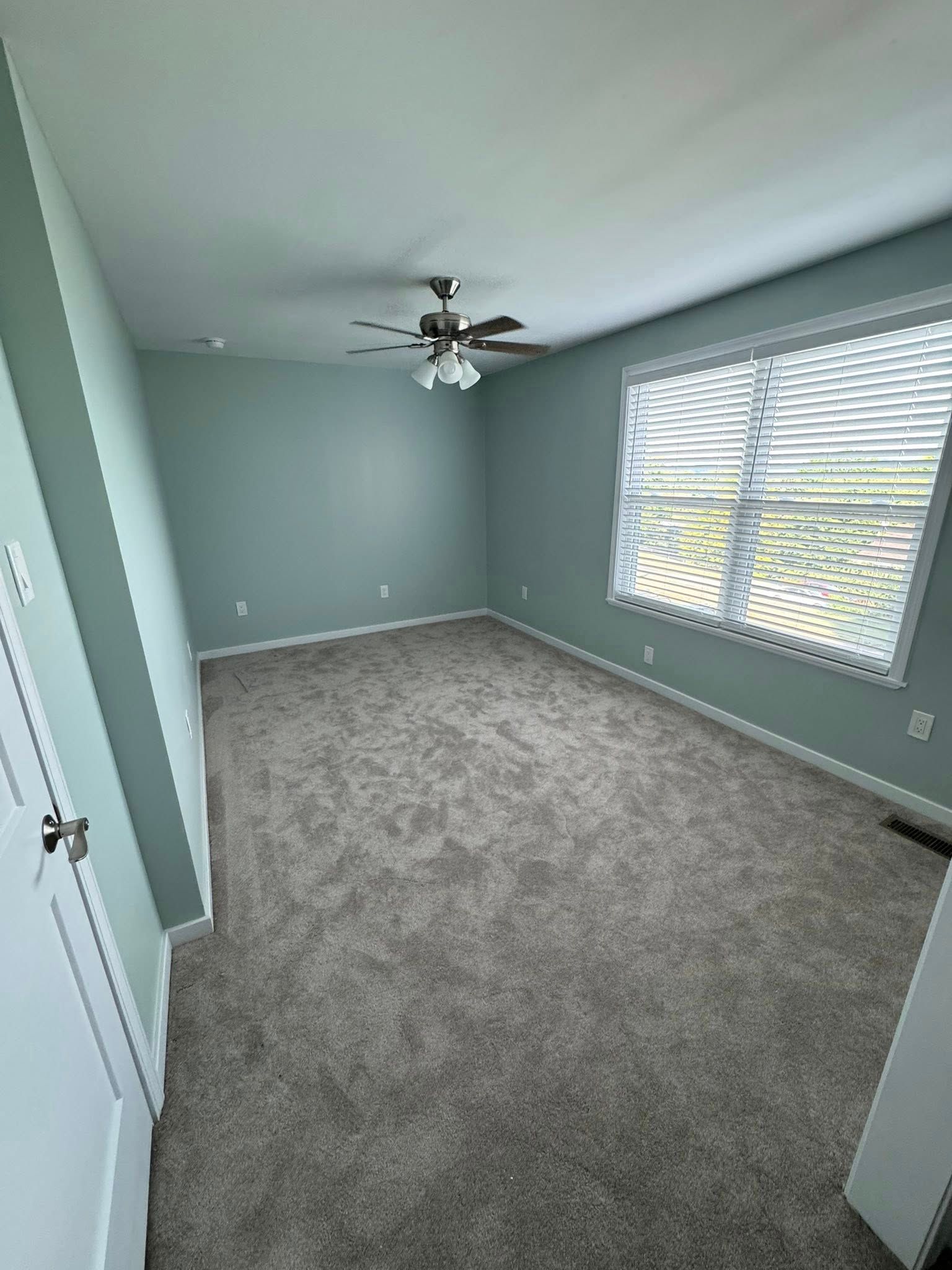 Empty bedroom with light green walls, grey carpet, and a window with blinds.