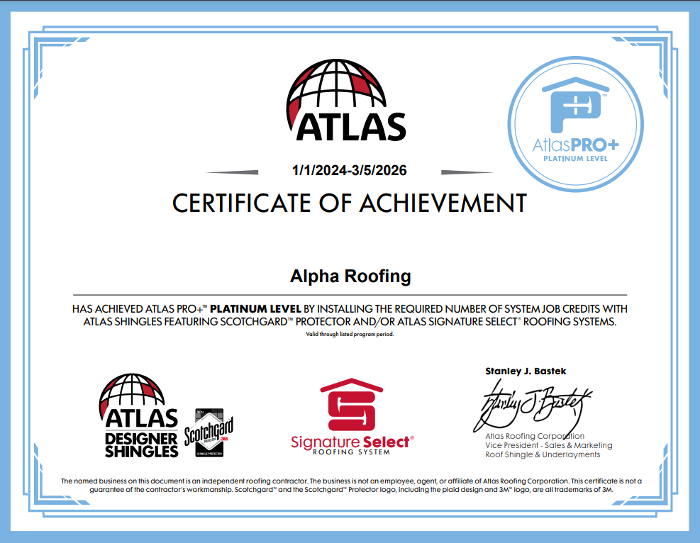Certificate of achievement for Alpha Roofing. Platinum level with Atlas Designer Shingles.