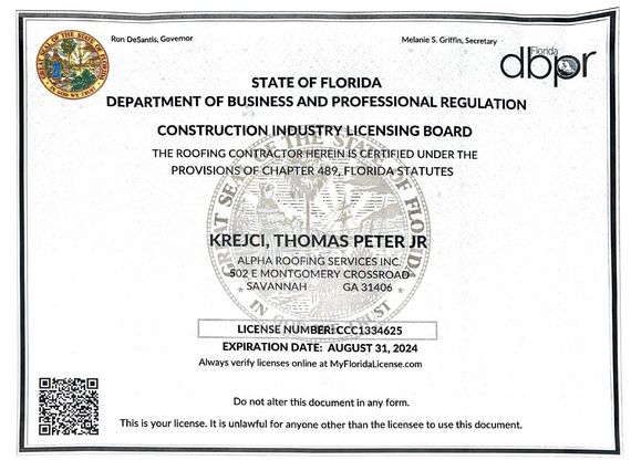 Florida License - Savannah, GA - Alpha Roofing Services