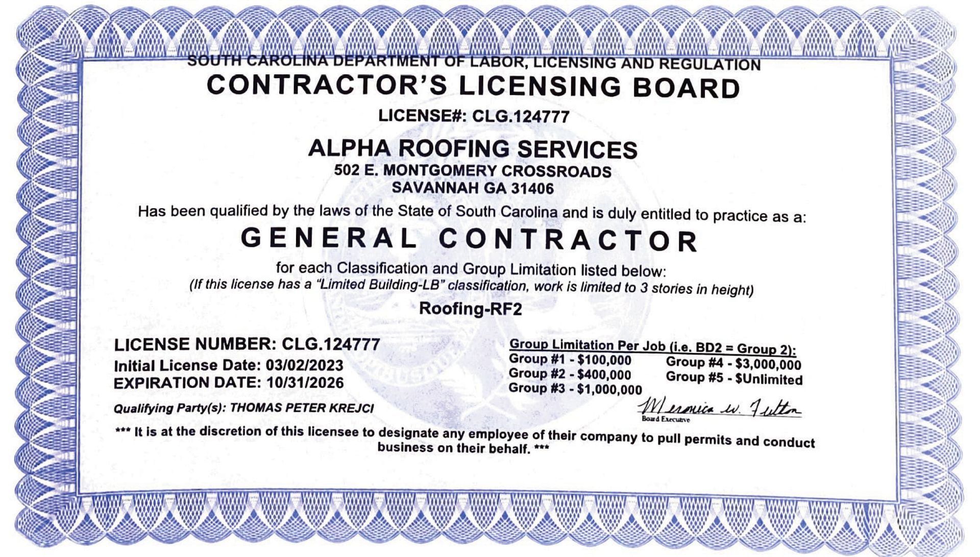 Contractor's license for Alpha Roofing Services, general contractor. Certificate is blue and white.