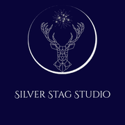 silver stage logo navy blue background silver writing with a stag symbol 

