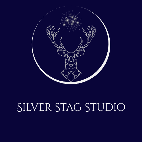 silver stage logo navy blue background silver writing with a stag symbol 
