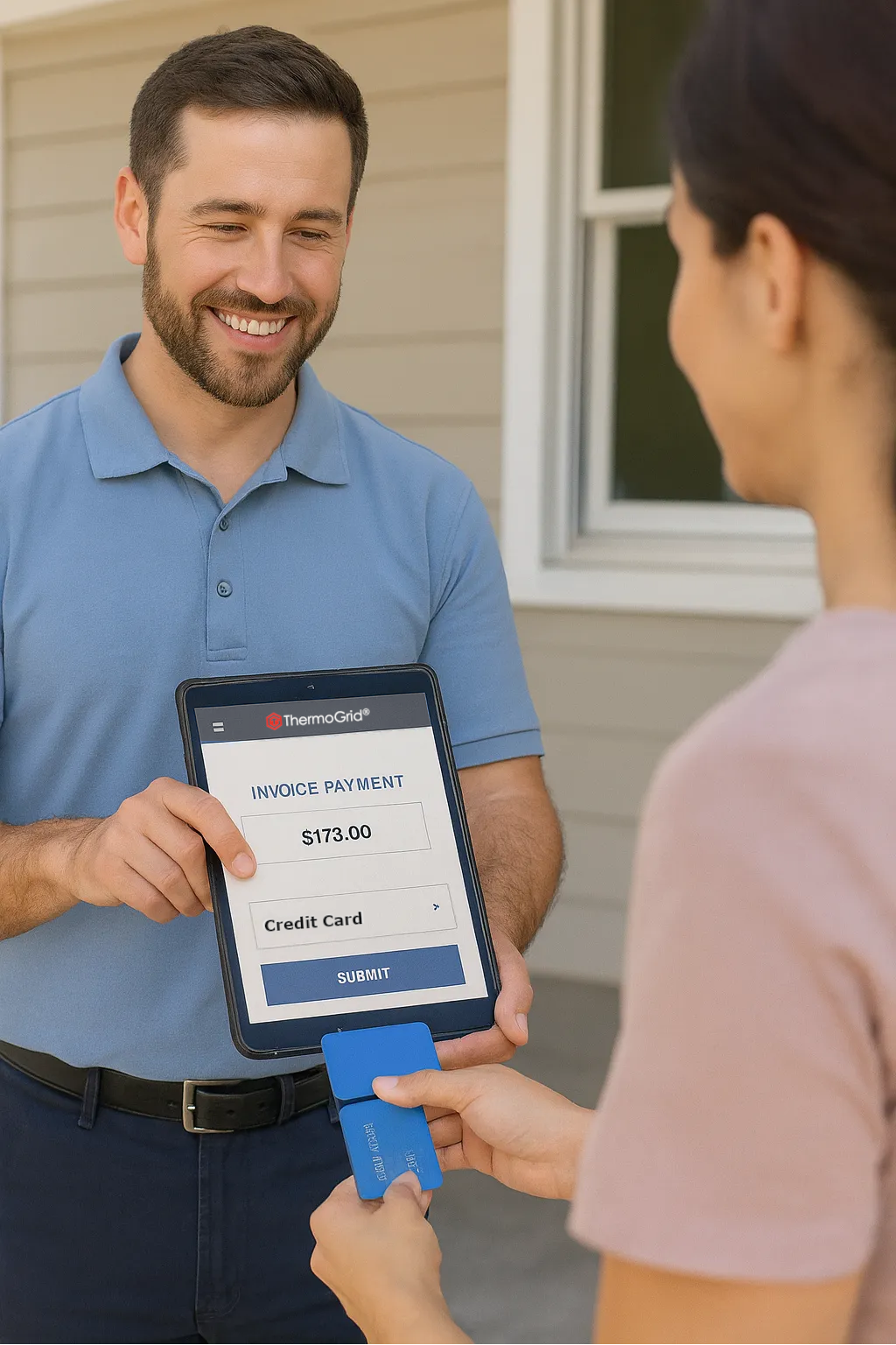Contractor processing a payment on a tablet using ThermoGrid software.