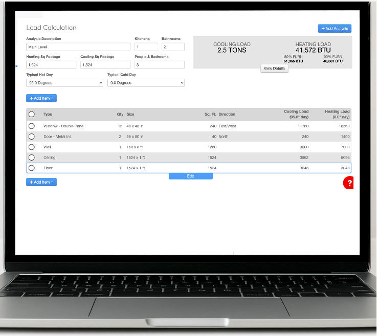 HVAC load calculation screen in ThermoGrid.