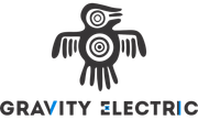 Logo of Gravity Electric: stylized bird icon above text. Bird is black with concentric circles. Text is grey.