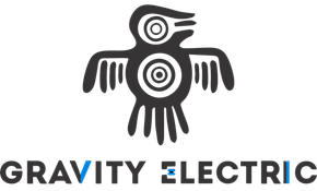 Logo of Gravity Electric: stylized bird icon above text. Bird is black with concentric circles. Text is grey.