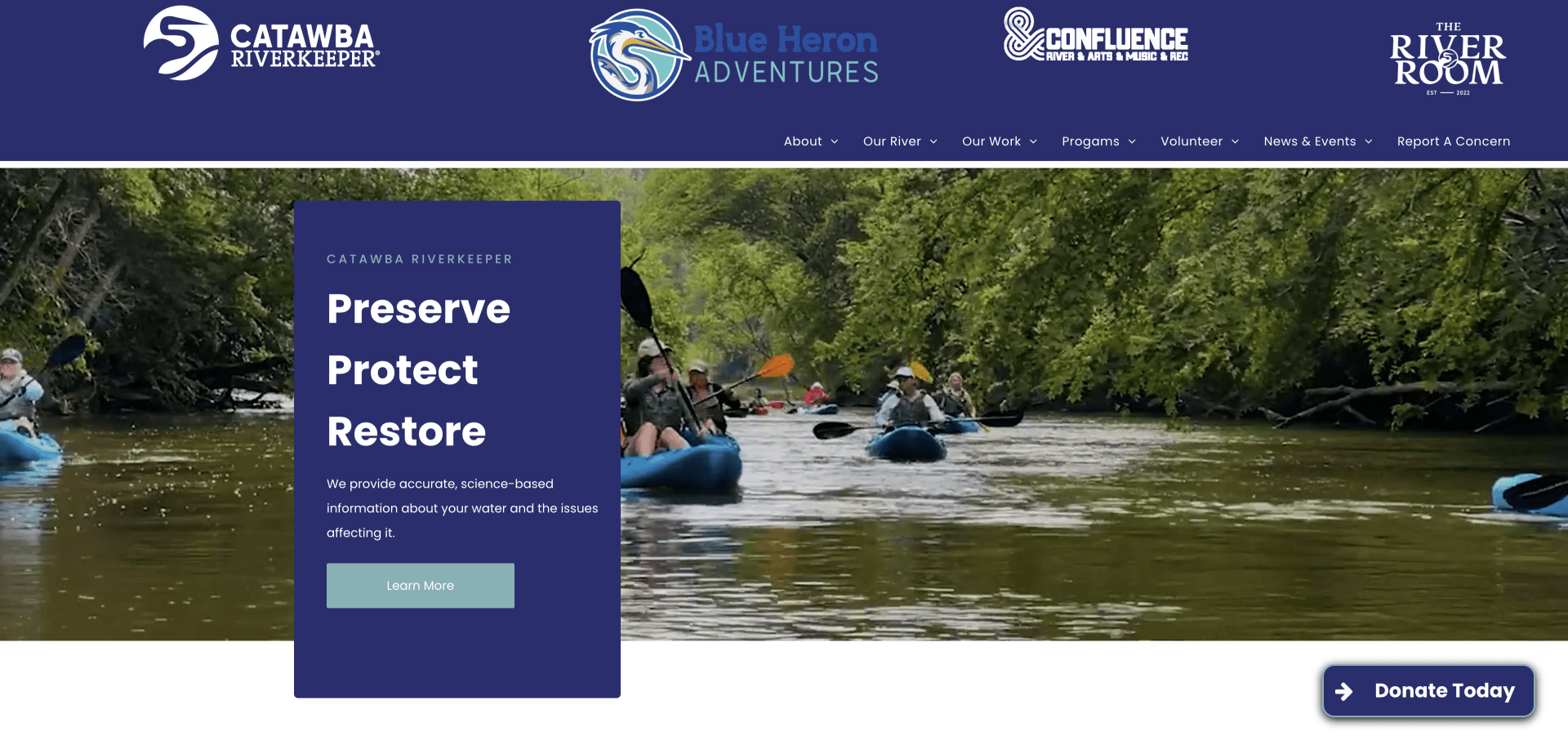 A screenshot of a website showing people in rafts on a river.