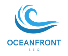 A logo for oceanfront seo with a blue wave