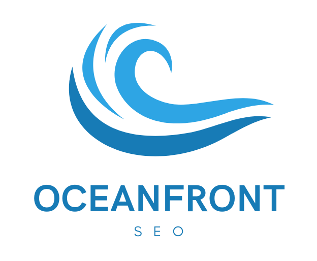 A logo for oceanfront seo with a blue wave