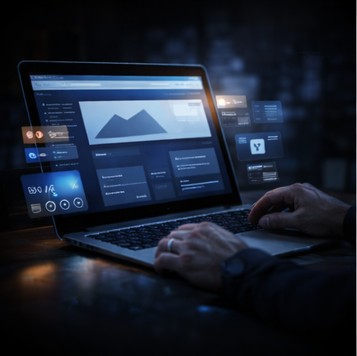 Custom website design interface on laptop with modern UI elements and dark blue theme