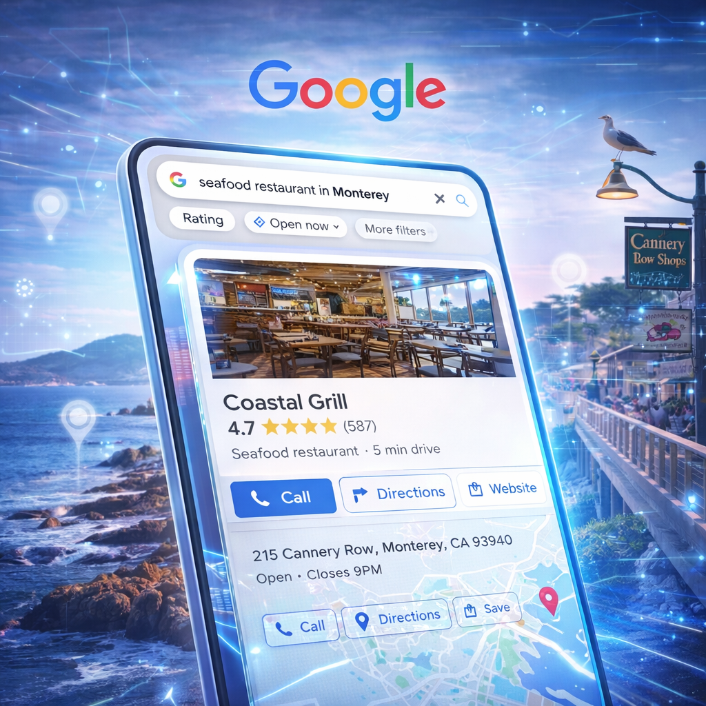 Google Business Profile interface on smartphone with Monterey coastline showing local business visibility