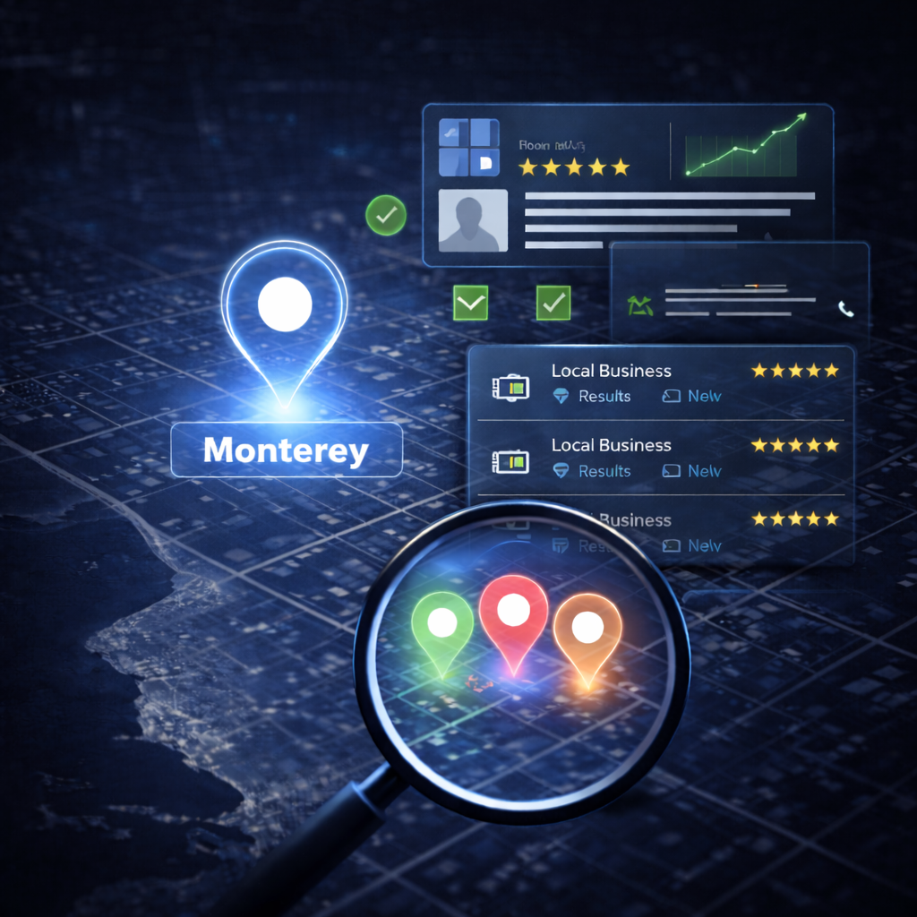 map with location pins showing google business profile optimization and local search visibility in monterey ca