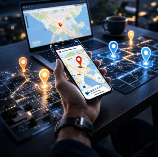 A hand holds a smartphone displaying a map, with a matching map on a laptop screen and glowing location pins on a desk.