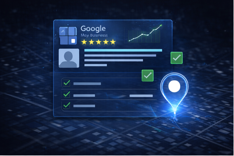 Futuristic digital interface showing a business profile being optimized with location pin and checklist elements