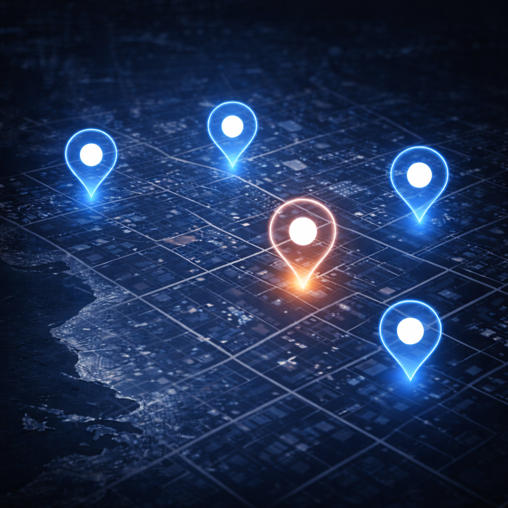 Digital map with multiple location pins representing local search competition and low visibility in Google Maps results